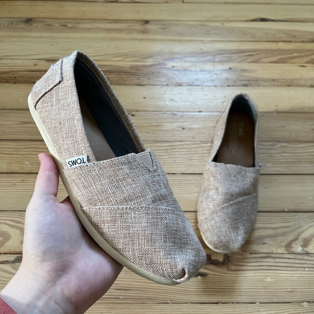 TOMS Alpargata Slip On Shoes Womens Size 7 Tan Burlap Linen Canvas Flats Neutral